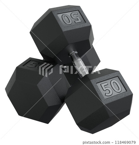 Two Hex Dumbbells with number 50, weightlifting gym equipment 118469079