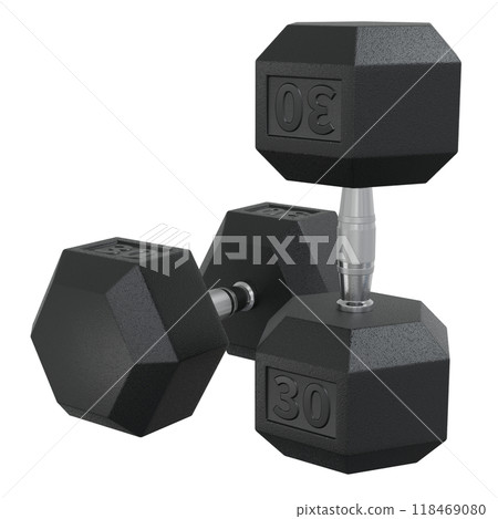 Two Hex Dumbbells with number 30, weightlifting gym equipment 118469080