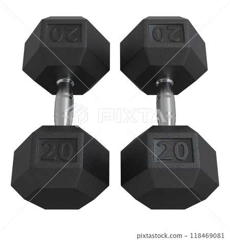 Two Hex Dumbbells with number 20, weightlifting gym equipment top view 118469081