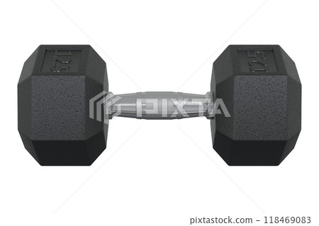 Hex Dumbbell with numbers 12.5, weightlifting gym equipment side view 118469083