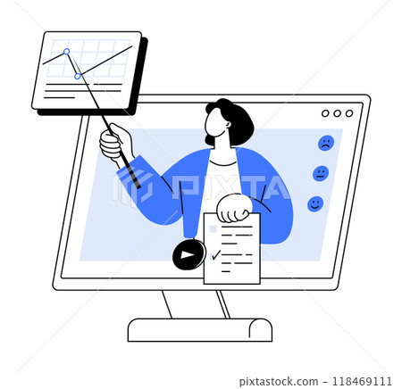 Person pointing at a chart on a screen, explaining data. Ideal for online learning, webinars, data analysis, virtual presentations, training, educational resources. Simple, clean vector. 118469111