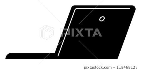Simplistic black silhouette of an open laptop in side view. Ideal for tech-related themes, digital communication, remote work, modern aesthetics, and minimalist design. Simple, clean, contemporary sty 118469125