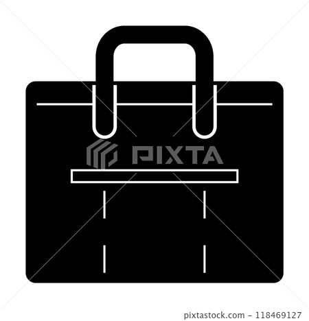 Black business briefcase with handles and stitching details. Ideal for office, business, work, corporate, and professionalism themes. Simple, modern vector style. 118469127