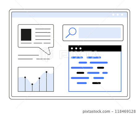 Various elements including a search bar, text bubble, coding window, and a graph. Ideal for web development, data analysis, coding tutorials, user interface design, educational content. Clean, modern, 118469128