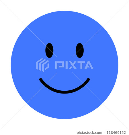 Large blue circle with a simple black smile and eyes, representing happiness and positivity. Ideal for social media, communication, emotion expression, positive reinforcement, children s designs. Mini 118469132