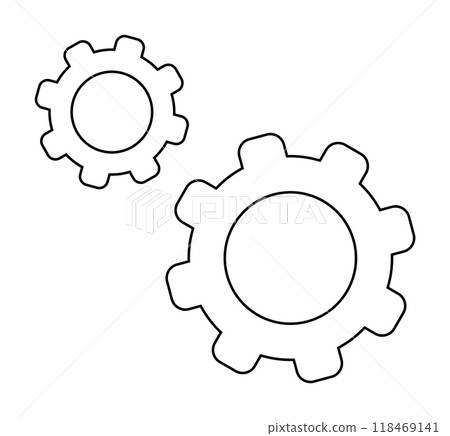 Two simple outlined gears interlocking. Ideal for technology, engineering, productivity, teamwork, and innovation themes. Clean, minimalistic style. Suitable for various purposes related to mechanics Two simple outlined gears interlocking. Ideal for technology, engineering, productivity, teamwork, and innovation themes. Clean, minimalistic style. Suitable for various purposes related to mechanics 118469141