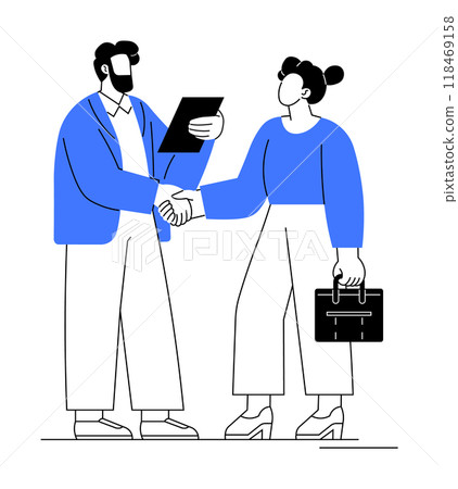 Two professionals shake hands while exchanging a document, both dressed formally. Ideal for teamwork, agreement, job interview, professional communication, business partnership. Clean, minimal, modern 118469158
