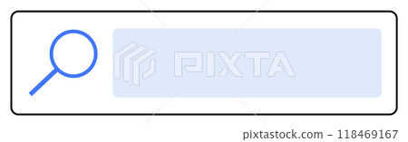 Simple white search bar with a blue magnifying glass icon on the left and a light blue input field. Ideal for web design, user interface, navigation, online search, minimalism. Flat design style. 118469167