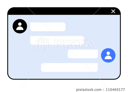 Messaging window with text bubbles and user icons. Ideal for communication, chat, messaging apps, online interaction, user interface. Simple vector art, minimal. 118469177