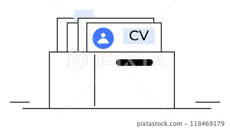A box containing several documents organized, one marked with a user icon and CV . Ideal for career, job search, recruitment, human resources, and document management concepts. Clean, minimal style. 118469179