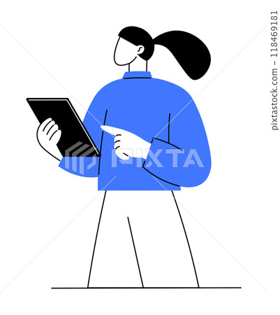 Abstract person with ponytail wearing blue sweater holding a tablet and pointing at it. Ideal for technology, education, communication, digital learning, presentations. Minimalist vector style. 118469181
