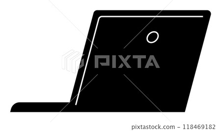 Simplistic open laptop silhouette with visible screen and camera in black and white. Ideal for technology, business, remote work, education, digital communication. Bold, clean, modern. Simplistic open laptop silhouette with visible screen and camera in black and white. Ideal for technology, business, remote work, education, digital communication. Bold, clean, modern. 118469182