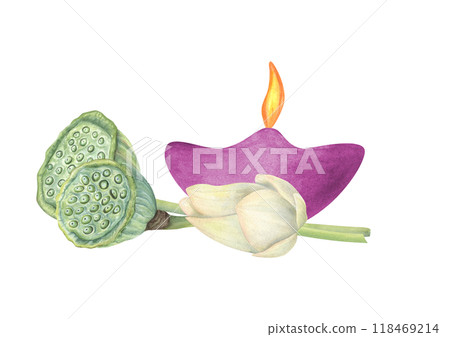 Traditional Oil Diwali Diya Lamp with burning yellow flame and water lily, green seed pods watercolor illustration. Holiday candle with flowers for religious celebration. Happy Deepawali festival 118469214