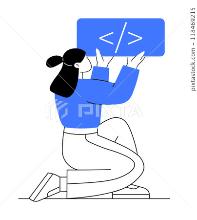 A woman kneels while holding a code sign above her head. Ideal for coding, programming, software development, web development, technology, and education themes. Minimalist vector style. 118469215