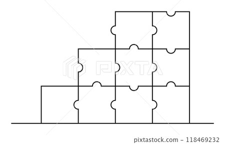 Puzzle pieces stacked in a staircase shape. Ideal for business growth, problem-solving, teamwork, progress, strategy. Simple lines style. Puzzle pieces stacked in a staircase shape. Ideal for business growth, problem-solving, teamwork, progress, strategy. Simple lines style. 118469232
