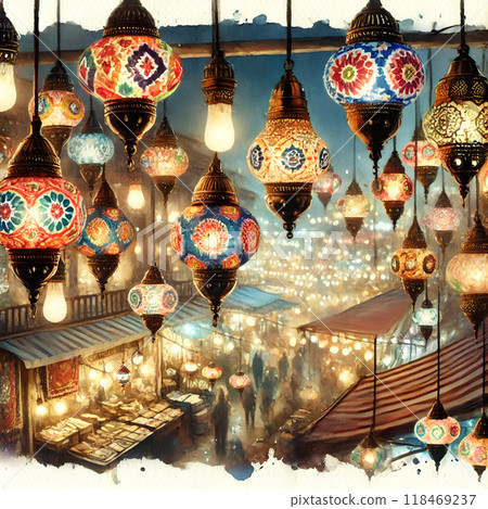 Asian food stalls and exotic lamps 118469237