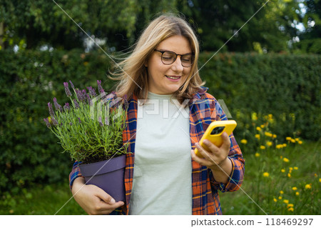 Gardening, greenery backyard garden concept. Young female gardener holding lavender plant and used smart phone in backyard garden. 118469297