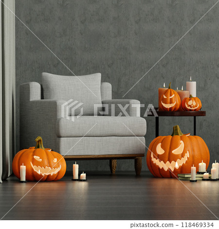 Cozy Living Room with Halloween Decor Featuring Carved Pumpkins and Candles Cozy Living Room with Halloween Decor Featuring Carved Pumpkins and Candles 118469334