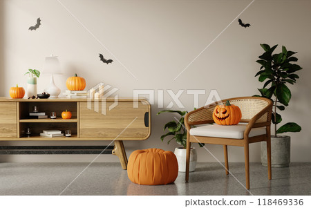 Cozy Modern Living Room with Halloween Decorations and Pumpkin-Themed Decor in 3D Render 118469336