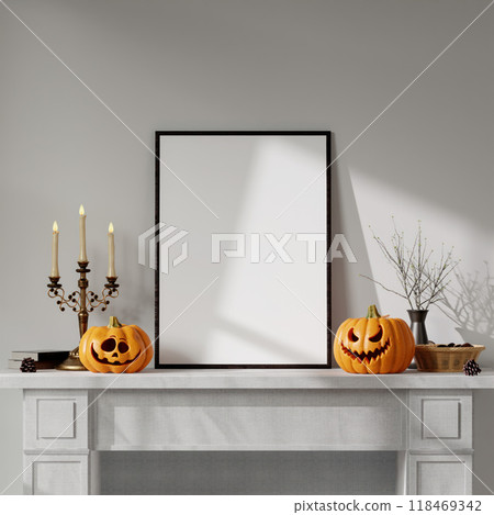 3D Render of Halloween Decor with Blank Picture Frame, Pumpkins, and Candles on White Mantel in Minimalist Interior 118469342