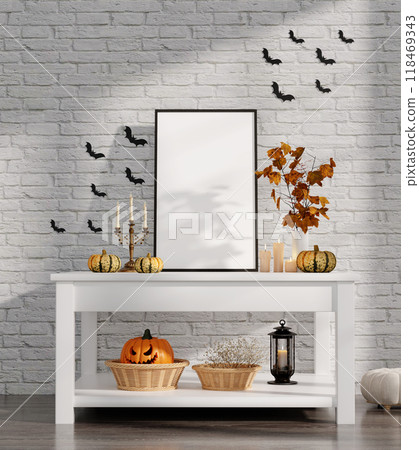 3D Render of Modern Halloween Decor with Pumpkins, Bats, and Candles on White Table Against Brick Wall 118469343