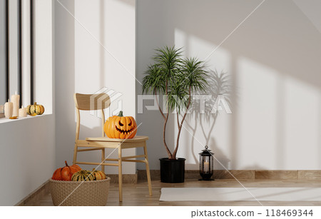 Cozy Modern Interior with Halloween Decorations and Natural Light 118469344