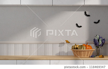 3D Render of Modern Kitchen Interior with Halloween Decorations and Autumn Elements 3D Render of Modern Kitchen Interior with Halloween Decorations and Autumn Elements 118469347