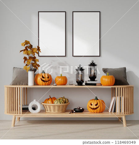 Modern Minimalist Halloween Decor with Pumpkins and Lanterns in a Cozy Living Room Setting Modern Minimalist Halloween Decor with Pumpkins and Lanterns in a Cozy Living Room Setting 118469349