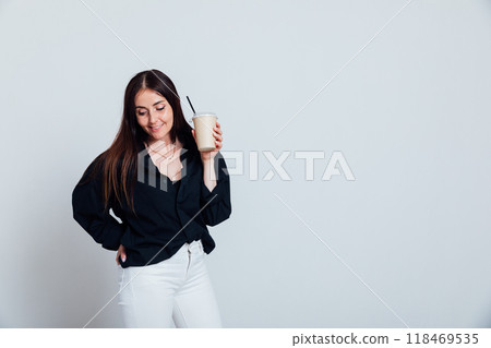 Beautiful Fashion Brunette Woman With Glass Drink Coffee Cocktail Beautiful Fashion Brunette Woman With Glass Drink Coffee Cocktail 118469535