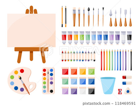 Painting art tools, painting supplies set. Paints, canvas, paint tubes, brushes, palette knives, watercolor palette, crayons, pencils, eraser. Vector illustration 118469591