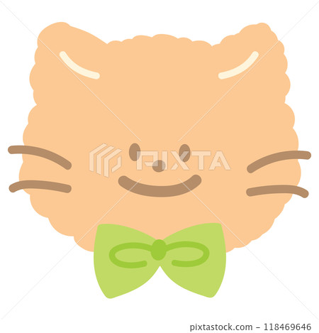 Illustration of cat wearing green bow for pet costume, vet, adopt and rescue animal, foster home, shelter, cartoon, character, mascot, souvenir shop, cute patches, toy, kid doll, sticker, brooch 118469646