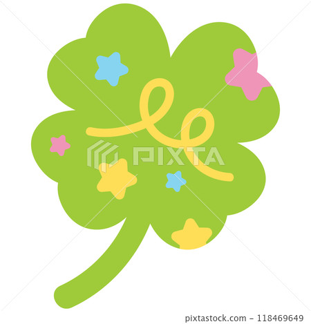 Illustration of green clover leaf with star and doodles for lucky icon, logo, sticker, cute patches, shirt print, toy, kid doll, brooch, pin, happy emoji, sticker, plants, tree, nature, garden, earth 118469649