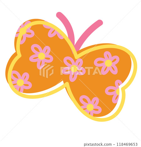 Illustration of orange butterfly with flower pattern for animal, spring time, summer break, floral print, blossom, blooming, park, picnic, zoo, souvenir shop, sticker, brooch, pin, cute patches, icon 118469653