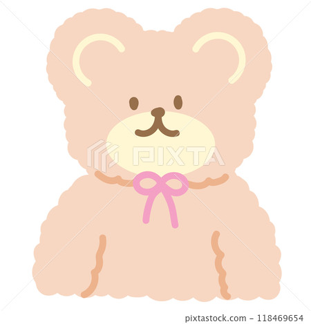 Illustration of teddy bear wearing pink ribbon for Christmas, New Year, festive sticker, celebration, winter season, cartoon, character, mascot, animal, zoo, souvenir shop, cute patches, toy, doll 118469654