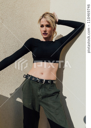 Beautiful fashion woman blonde military style 118469746