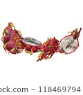 Composition with pink dragon fruit, pitaya. Exotic tropical ripe fruits, slices and whole, hand drawn watercolor painting in realistic style 118469794