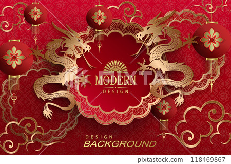 Gorgeous red background with a round frame and golden dragons Gorgeous red background with a round frame and golden dragons 118469867