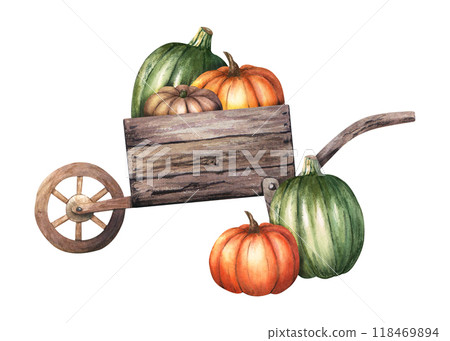 Composition with antique rustic old wooden wheelbarrow and classic autumn vegetables pumpkins. Watercolor illustration isolated on white background. For clip art posters flyers 118469894