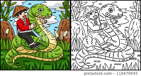 Year of the Snake Child Riding Snake Illustration Year of the Snake Child Riding Snake Illustration 118470045