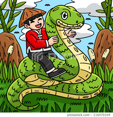 Year of the Snake Child Riding a Snake Colored Year of the Snake Child Riding a Snake Colored 118470104