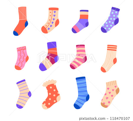 Cute socks set. Clothes isolated on white background Cute socks set. Clothes isolated on white background 118470107