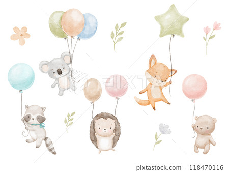 Cute baby fox, koala and bear are flying with balloons. Watercolor animals, flowers and leaves. Hand drawn illustrations set 118470116