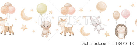 Seamless watercolor border with cute baby bunny, bear and deer. Funny animals are flying with balloons in sky with moon and stars. Hand drawn illustrations set Seamless watercolor border with cute baby bunny, bear and deer. Funny animals are flying with balloons in sky with moon and stars. Hand drawn illustrations set 118470118