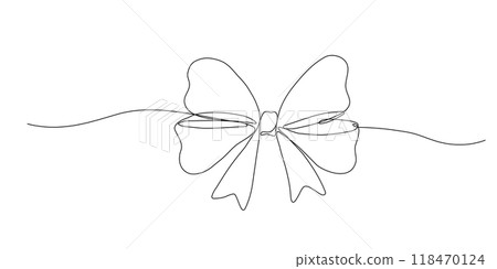 Gift bow one continuous line art. Drawing sketch. Ribbon vector icon Gift bow one continuous line art. Drawing sketch. Ribbon vector icon 118470124