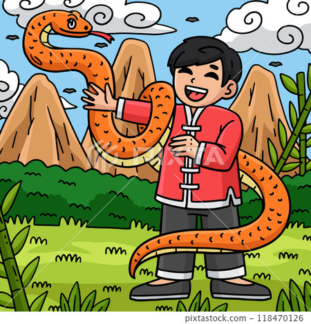 Year of the Snake Child and Snake Colored Cartoon  118470126