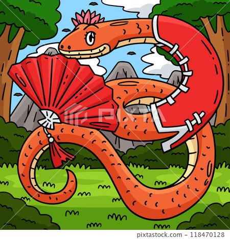 Year of the Snake with Hand Fan Colored Cartoon  118470128