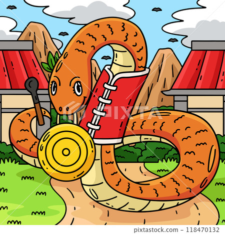 Year of the Snake with Gong Colored Cartoon  118470132