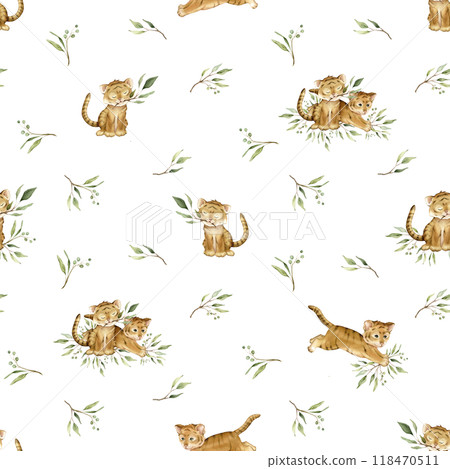 Seamless pattern with cute kawaii two tigers jumping and sitting with green branch eucalyptus. Watercolor hand drawn illustration african animal isolated. Cartoon kids print. Seamless pattern with cute kawaii two tigers jumping and sitting with green branch eucalyptus. Watercolor hand drawn illustration african animal isolated. Cartoon kids print. 118470511