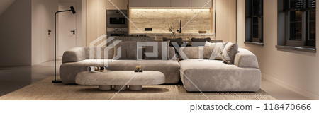 Modern and stylish living room featuring a cozy sofa and ambient lighting for relaxation, 3d rendering 118470666