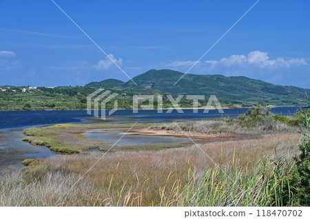 Beautiful aerial vibrant view of Korission Lake Lagoon landscape, Corfu island, Greece with pink flamingos flock, Ionian sea beach and mountains 118470702